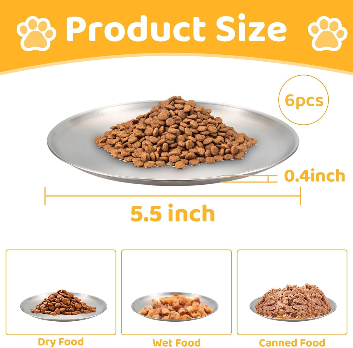 6-Pack Stainless Steel Cat Bowls, 5.5" Whisker Friendly Shallow Plates with Non-Slip Silicone Pads, Food Grade Metal Dishes for Fatigue Relief, Dishwasher Safe for Cats, Kittens