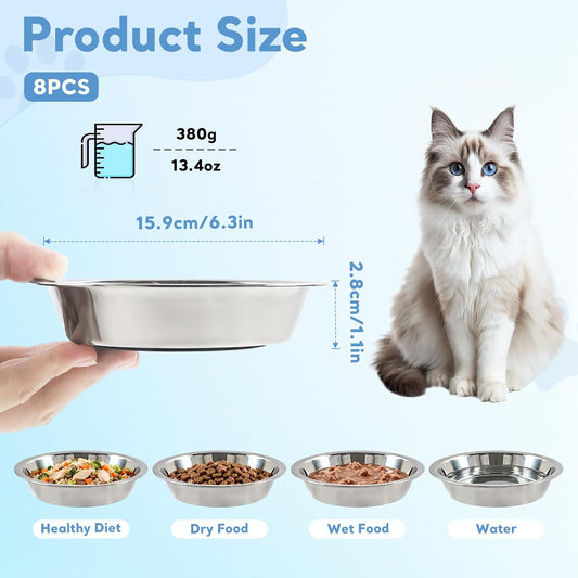 8Pcs Stainless Steel Cat Bowls, Cat Food Bowl with Non-Slip Silicone Bottom