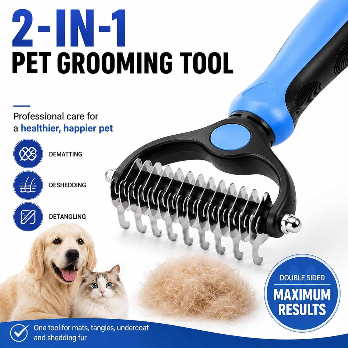 2-in-1 Pet Grooming Tool for Dogs & Cats, Double Sided Dematting Brush Set, Dual Teeth Pet Deshedding Comb for Shedding Fur Removal, Professional Grooming Rake for Long & Short Hair