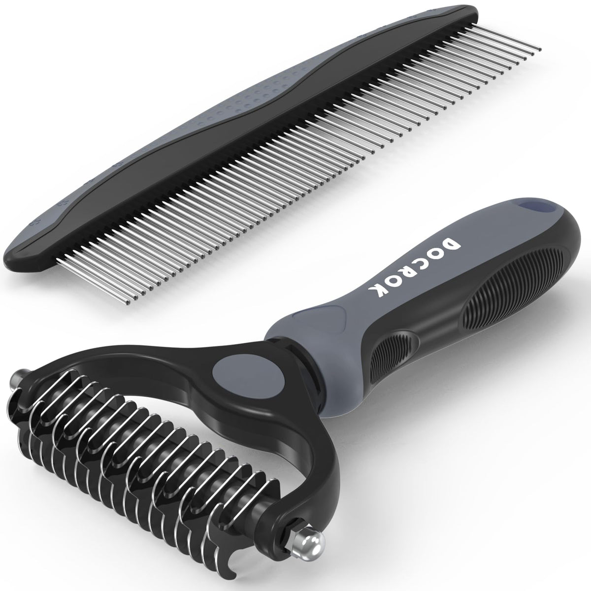 Docrok Pet Grooming Combo: Undercoat Rake, Dematting Deshedding Brush for Long-Haired Dogs and Cats, Black