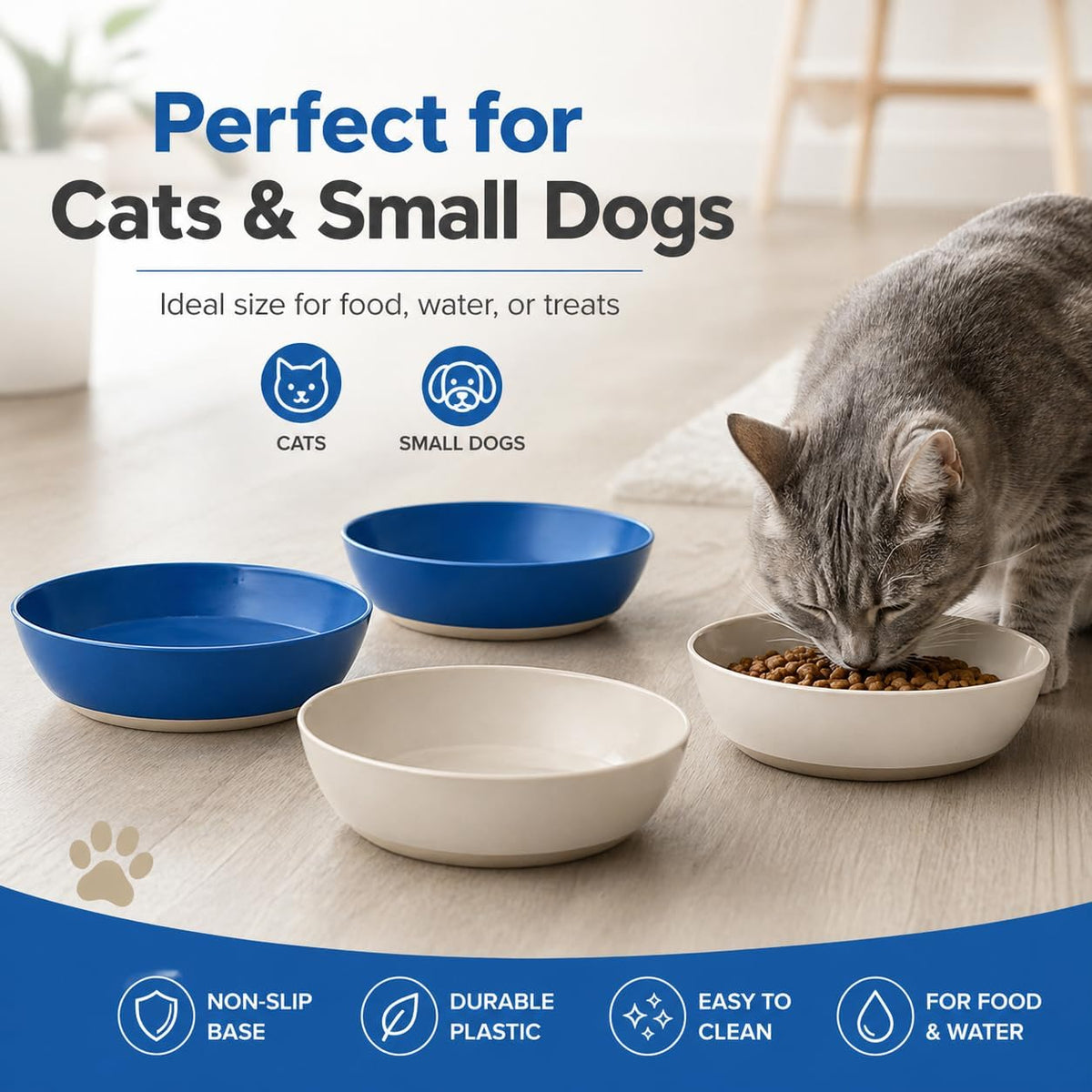 4 Pack Non-Slip Plastic Cat Bowls for Indoor Cats, Food & Water Dishes for Kittens, Puppies & Small Pets, Anti-Skid Rubber Base, Gray & Blue, Easy to Clean (Grey and Blue)