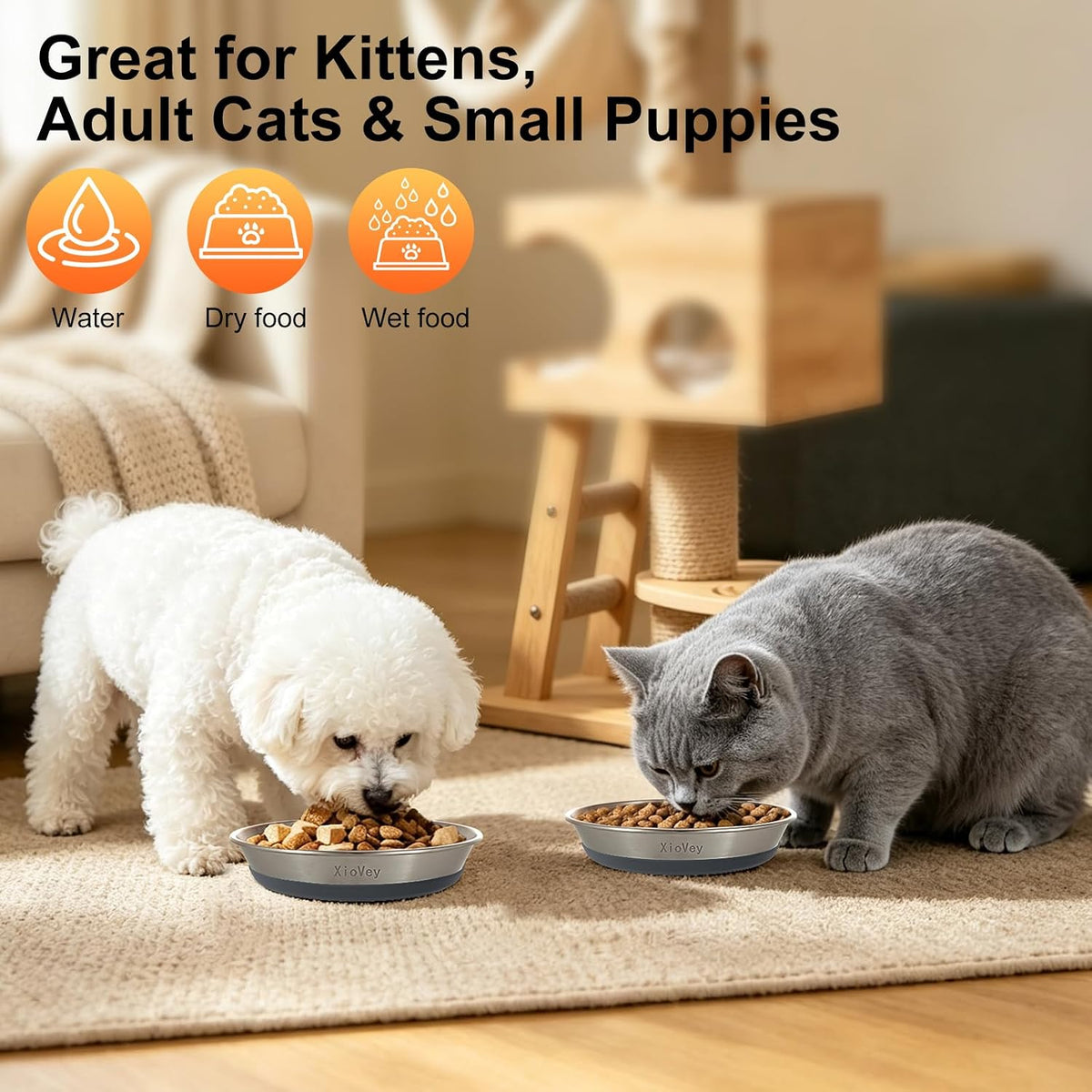 2 Pack Grey 304 Stainless Steel Shallow Whisker Fatigue Cat Bowls