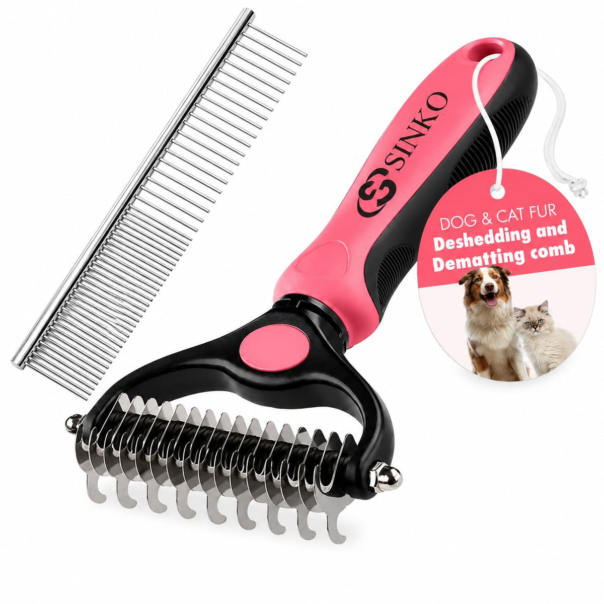 Sinko Shedding Brush for Dog and Cat, Undercoat Rake & Comb with Extra-Wide Double-Sided Stainless Steel Teeth for Deshedding, Brushing, Removing Loose Fur, Knots, Mats & Tangles in Pets (Blue)
