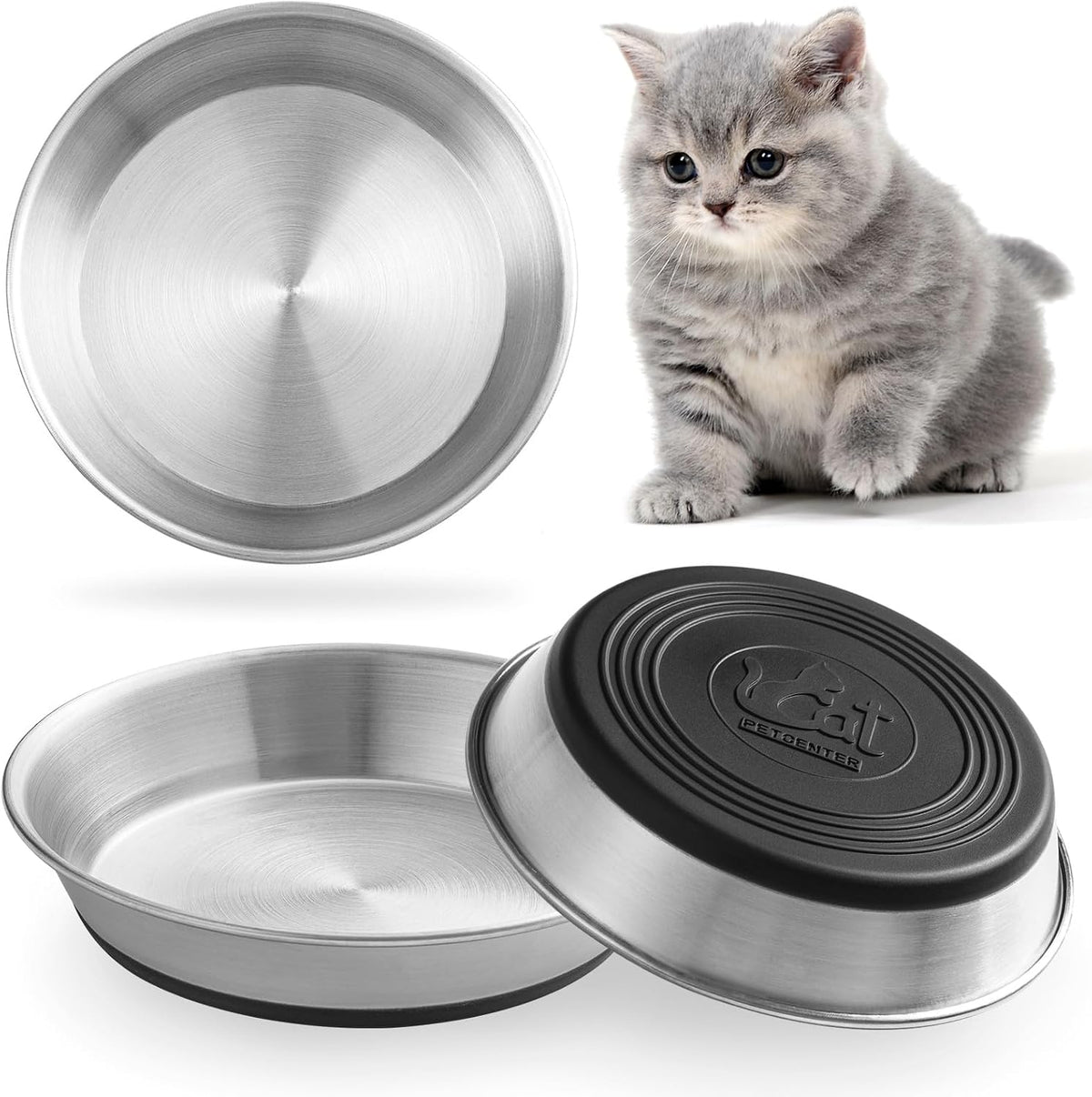 WROSWT Stainless Steel Cat Bowls,Whisker Friendly Shallow Cat Dishes for Food and Water,Non-Slip Silicone Bottom,Heavy Duty,Replacement Kitten Metal Plate for Elevated Stands,3 Pack