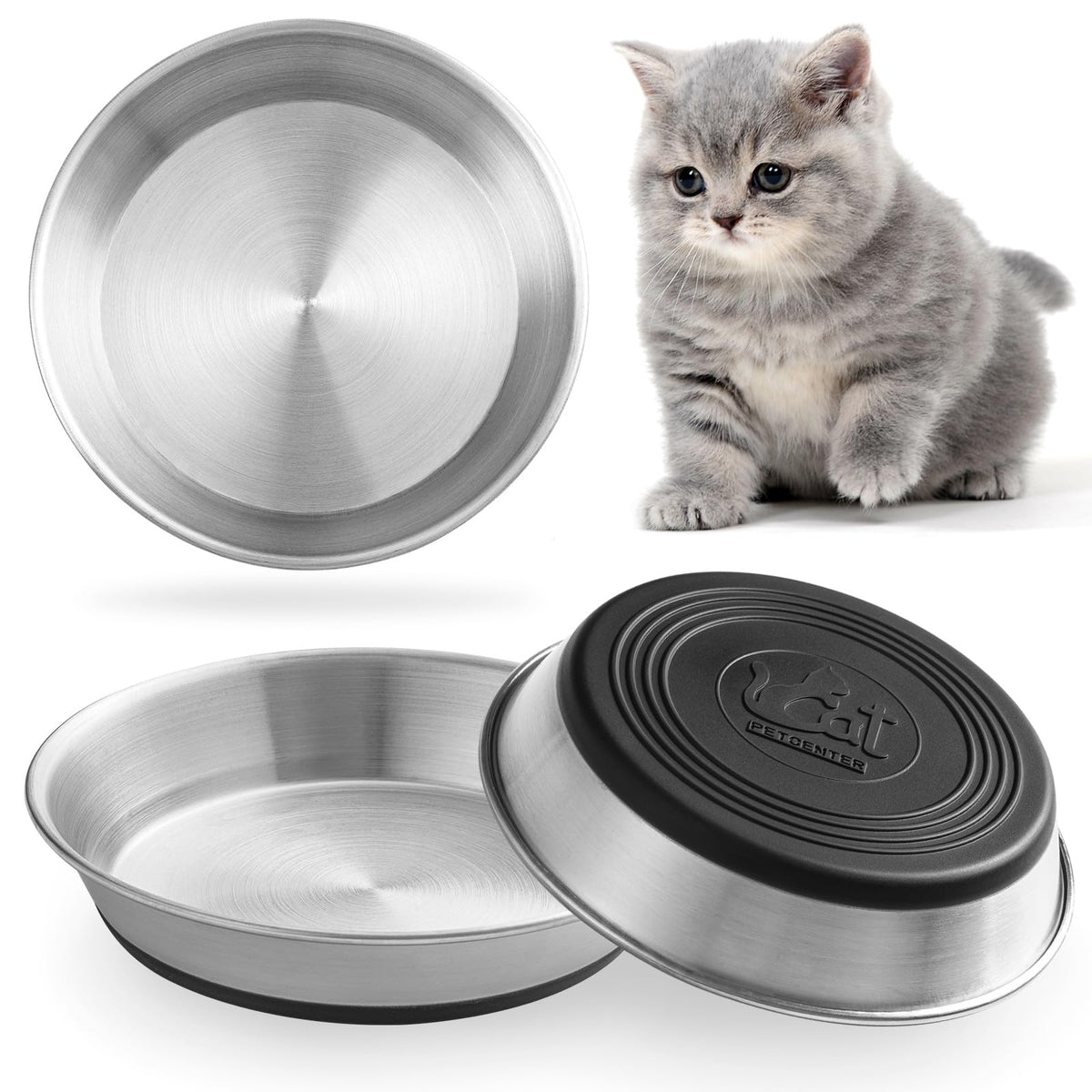 WROSWT Stainless Steel Cat Bowls,Whisker Friendly Shallow Cat Dishes for Food and Water,Non-Slip Silicone Bottom,Heavy Duty,Replacement Kitten Metal Plate for Elevated Stands,2 Pack