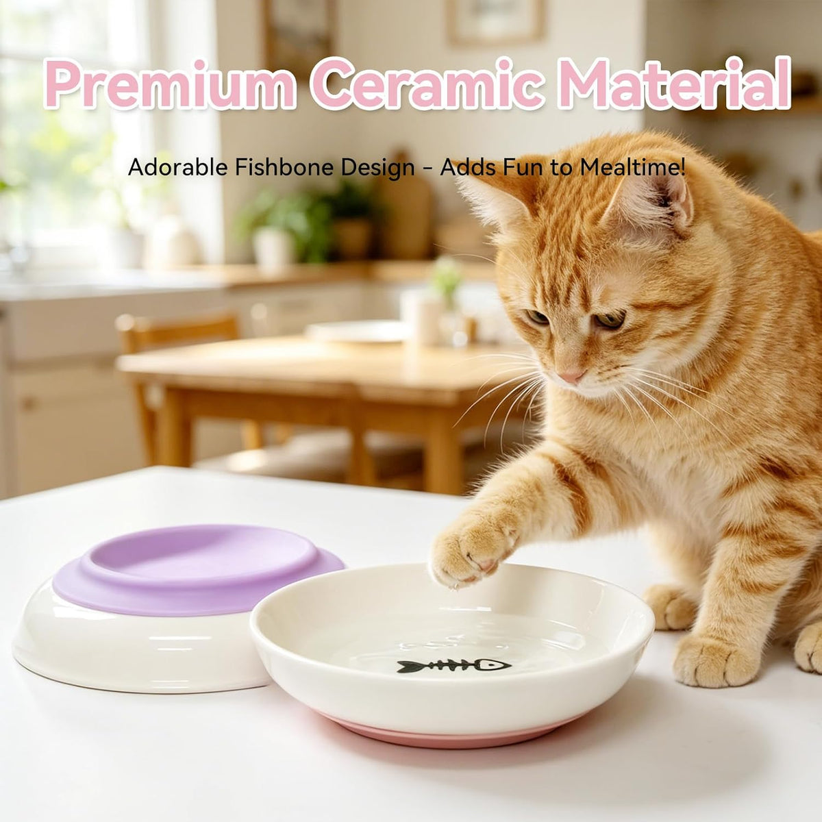 4 PCS Ceramic Cat Bowls with Silicone Base, Shallow Wide Cat Plates