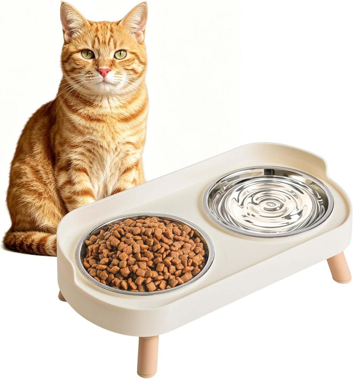 LoeJan Elevated Cat Bowls Set - Raised Cat Food and Water Bowl Set with Non Slip Stand - Pet Feeding Station with 2 Stainless Steel Bowls with Splash Proof Guard