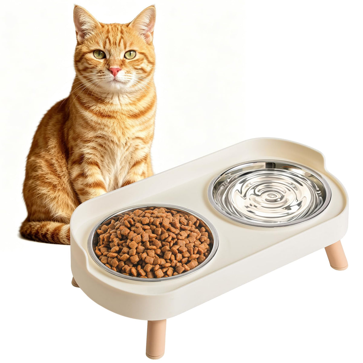 LoeJan Elevated Cat Bowls Set - Raised Cat Food and Water Bowl Set with Non Slip Stand - Pet Feeding Station with 2 Stainless Steel Bowls with Splash Proof Guard