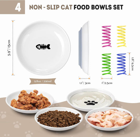 Cat Food Bowl, 4PCS Ceramic Cat Dishes for Food, Non-Slip Kitten Bowls Set