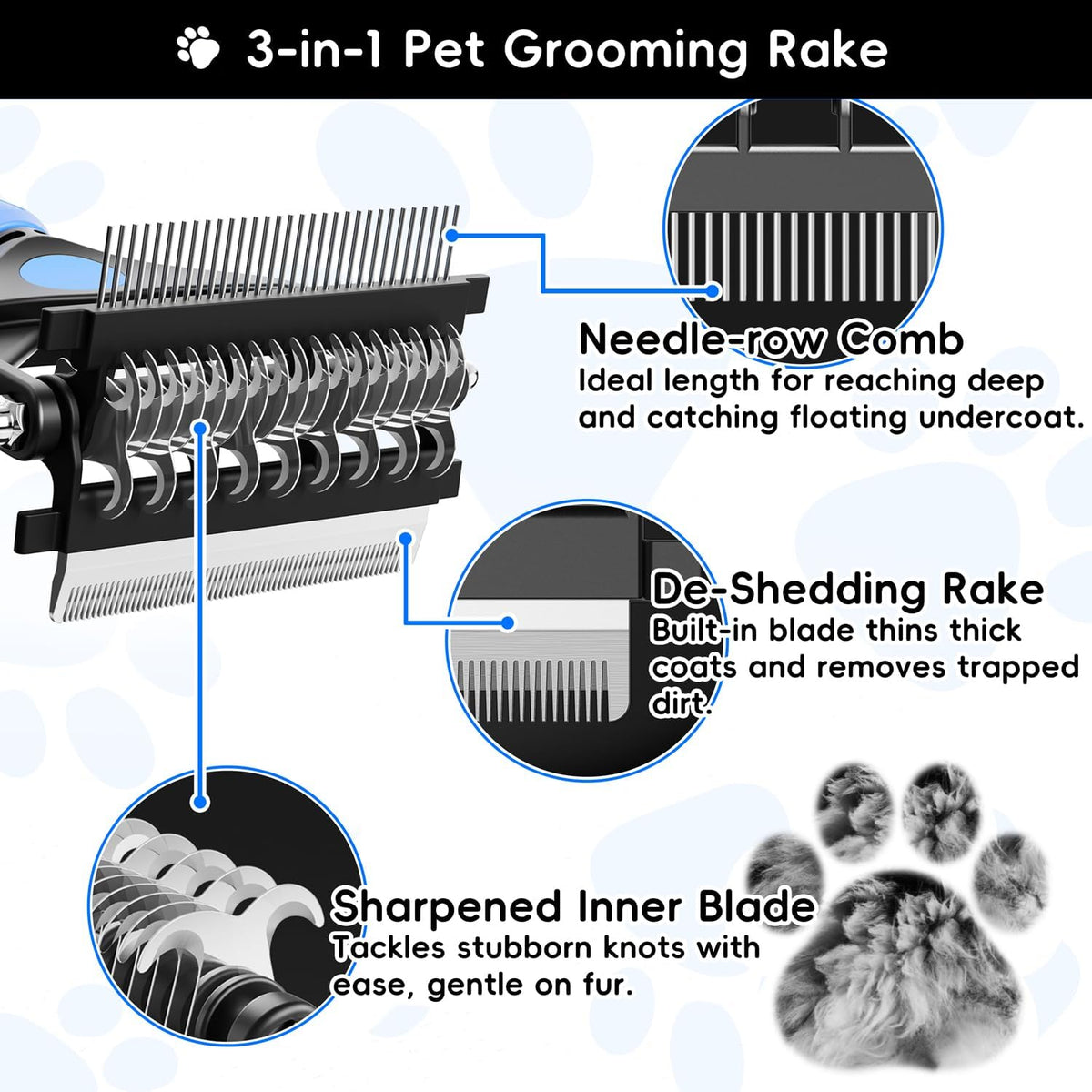 3-in-1 Professional Pet Grooming Brush for Dogs & Cats – Dematting Comb, Undercoat Rake & Deshedding Tool for Long & Short Hair, Heavy Shedding & Matted Fur (Blue)