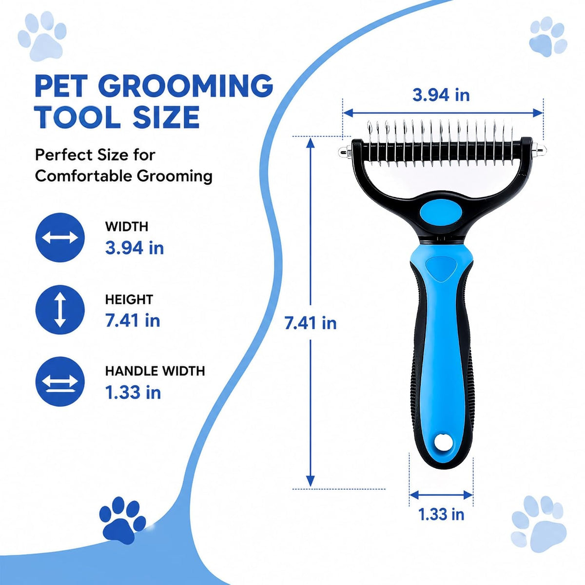 2-in-1 Double-Sided Pet Grooming Comb for Dogs & Cats - Deshedding Brush & Rounded-Tooth Dematting Tool | Painlessly Removes Knots, Tangles, Loose Undercoat & Fur in Thick/Long Coats (Blue-Large)