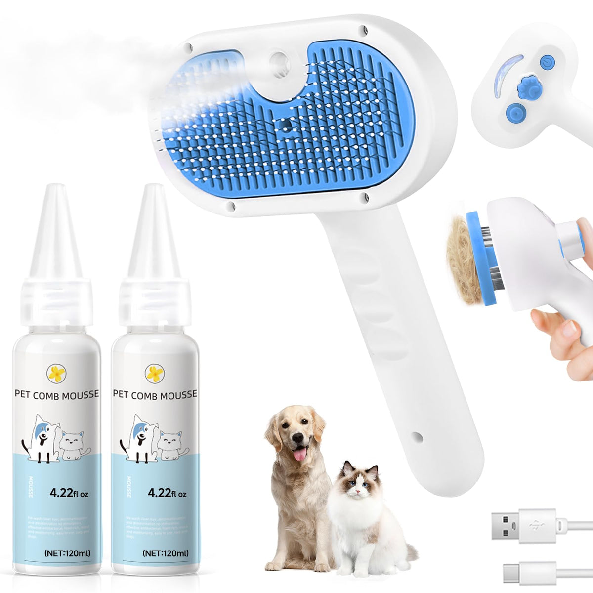 Pet Steam Brush for Dog, cat brushes for indoor cats - 1 Waterless Shampoo