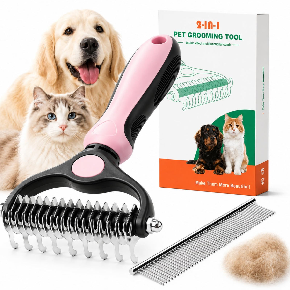 2-in-1 Pet Grooming Tool for Dogs & Cats, Double Sided Dematting Brush Set, Dual Teeth Pet Deshedding Comb for Shedding Fur Removal, Professional Grooming Rake for Long & Short Hair
