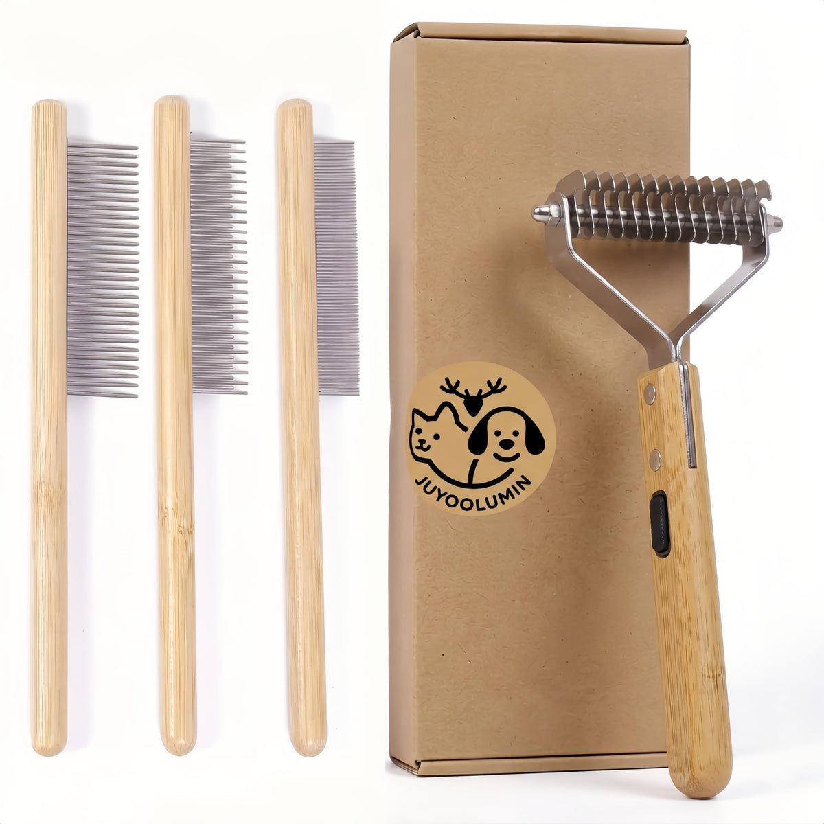 Cat Undercoat Rake & Dematting Comb, 4-in-1 Bamboo Grooming Tool