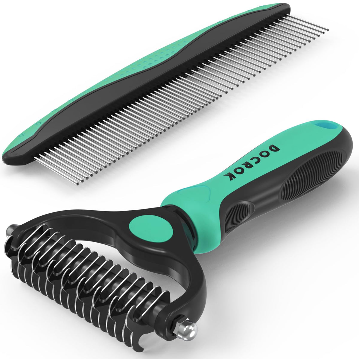 Docrok Pet Grooming Combo - Blue Deshedding Brush with Metal Comb for Detangling and Dematting Long, Matted Fur on Cats and Dogs