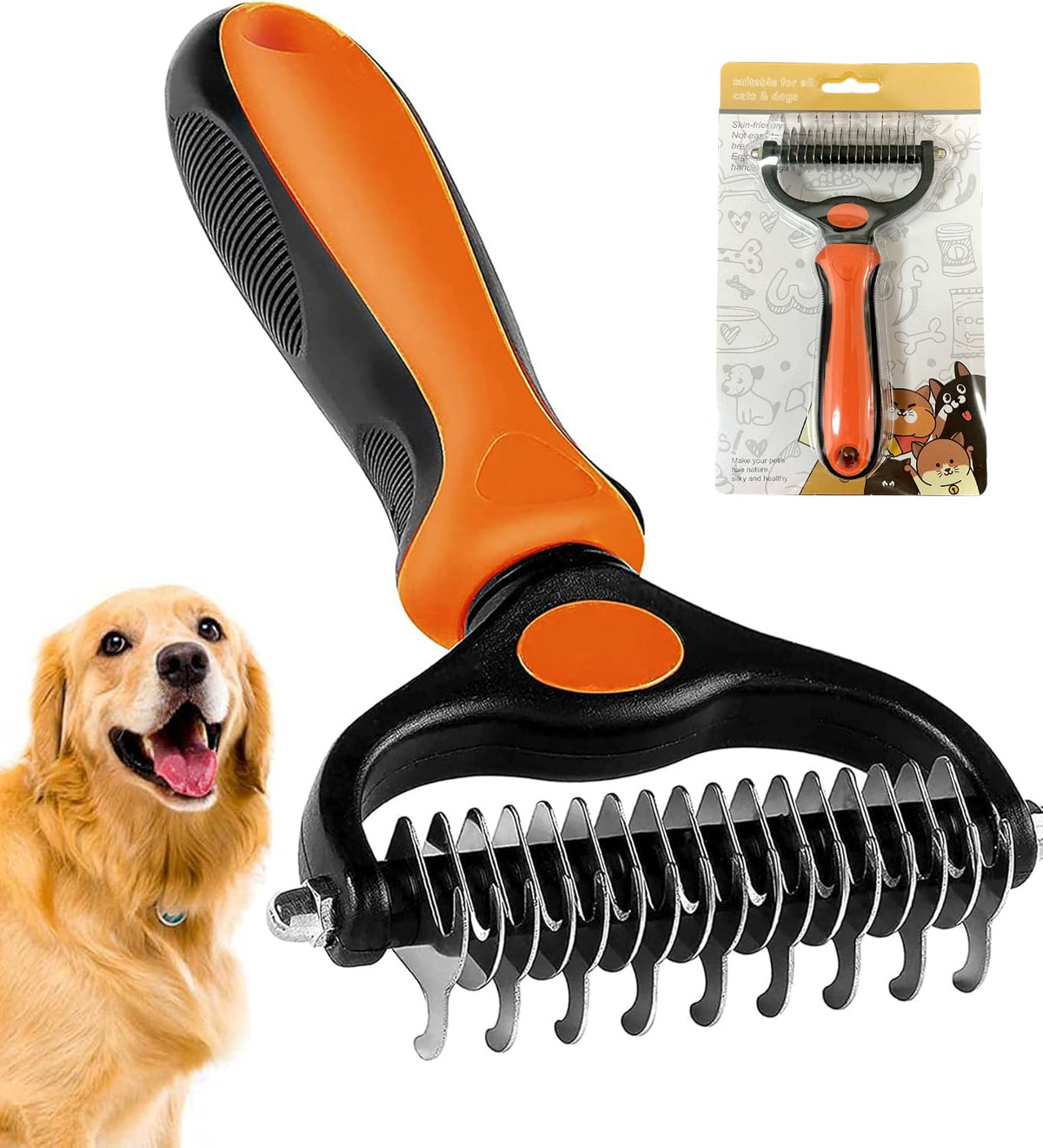 [ 2 in 1 design ] Undercoat Rake and Deshedding Tool for Dogs and Cats - Dematting Comb for Long Hair Pets, Grooming Brush to Clear Mats, Tangles and Reduce Shedding by 95%