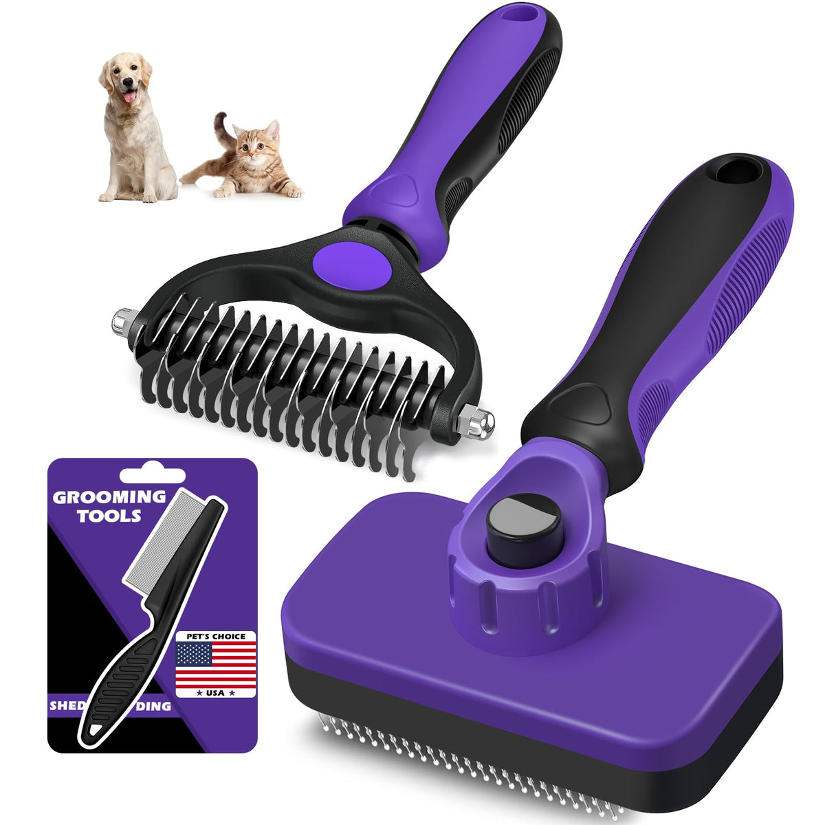 Professional 3PCS Self Cleaning Slicker Brush & Pet Grooming Rake & Flea Comb for Dogs,Cats and Horses | Double-Sided Dematting Comb & Skin Friendly Deshedding Grooming Tool | Pet Supplies (Black)