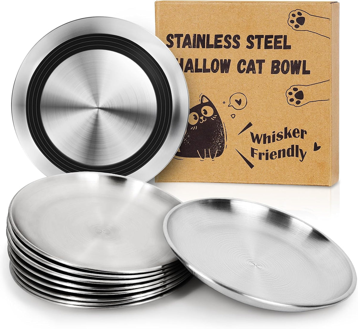 Supet Cat Plates Whisker Friendly, Non Slip Dish for Wet Food, Shallow Wide Flat Bowls Stainless Steel Metal for Indoor Cats, Kitten, Small Dog (13Oz, 2Pcs)