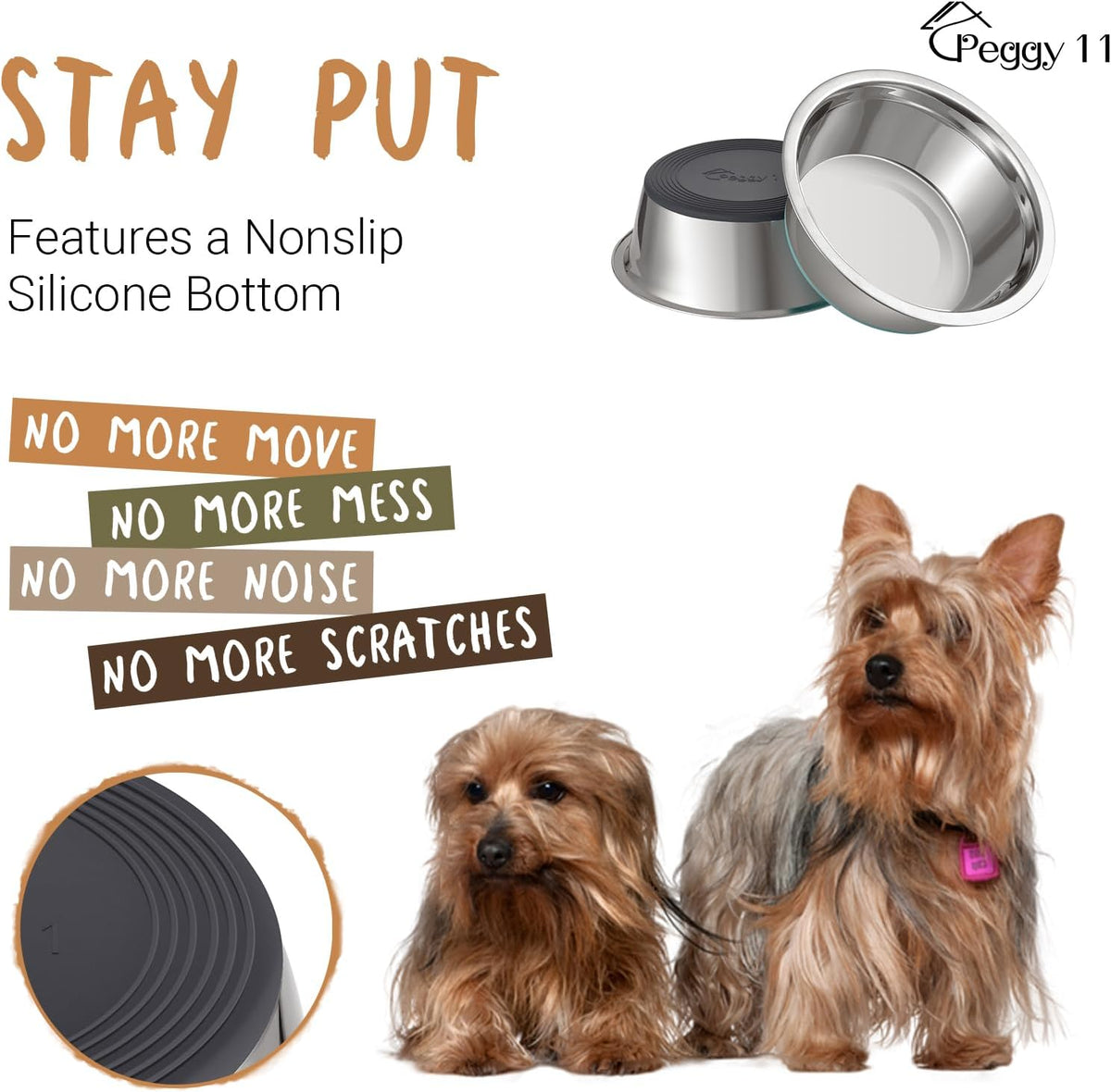 PEGGY11 Deep Stainless Steel Dog Bowls, 2 US Cup Each, 2-Pack