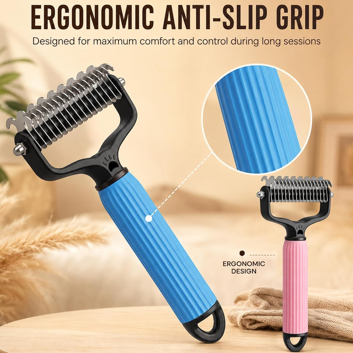 Pet Grooming Brush, Double-Sided Deshedding Dematting Tool for Dogs & Cats, Detangling Tool For Matted Fur, Ideal For Medium Or Long Haired Breeds (Blue)