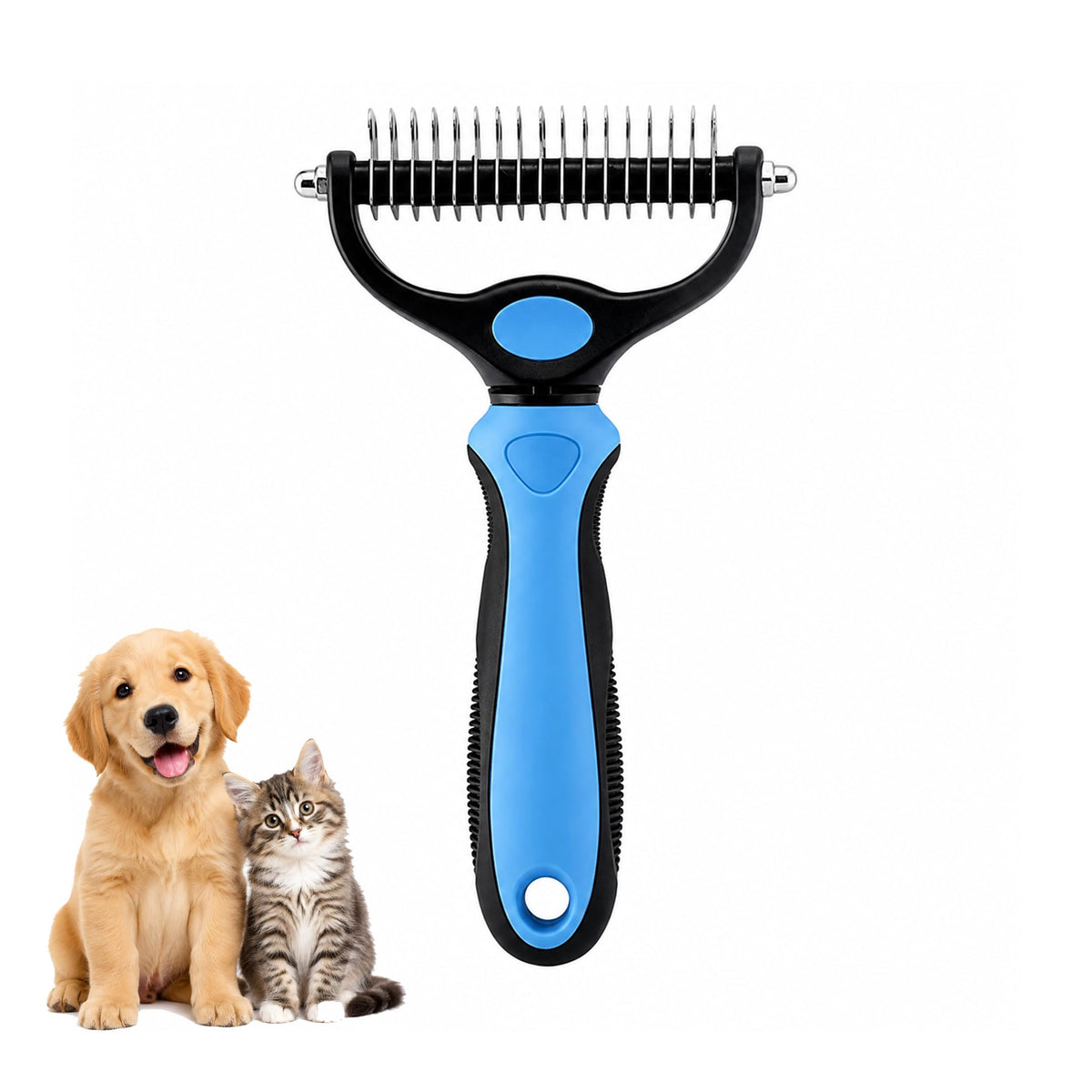 2-in-1 Double-Sided Pet Grooming Comb for Dogs & Cats - Deshedding Brush & Rounded-Tooth Dematting Tool | Painlessly Removes Knots, Tangles, Loose Undercoat & Fur in Thick/Long Coats (Blue-Large)