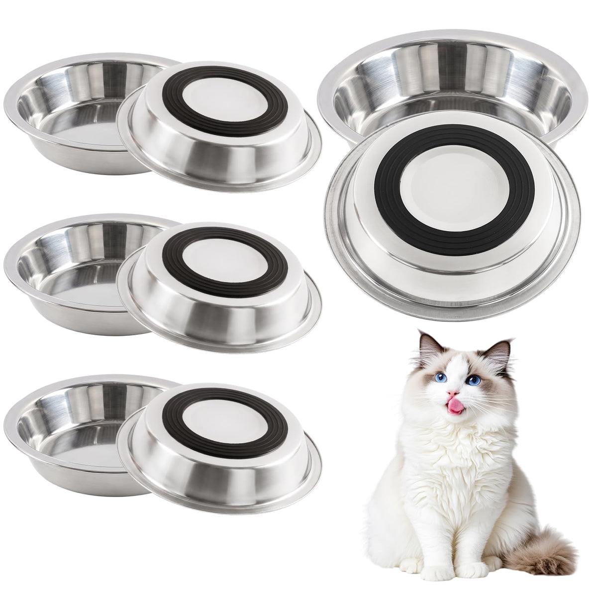 8Pcs Stainless Steel Cat Bowls, Cat Food Bowl with Non-Slip Silicone Bottom