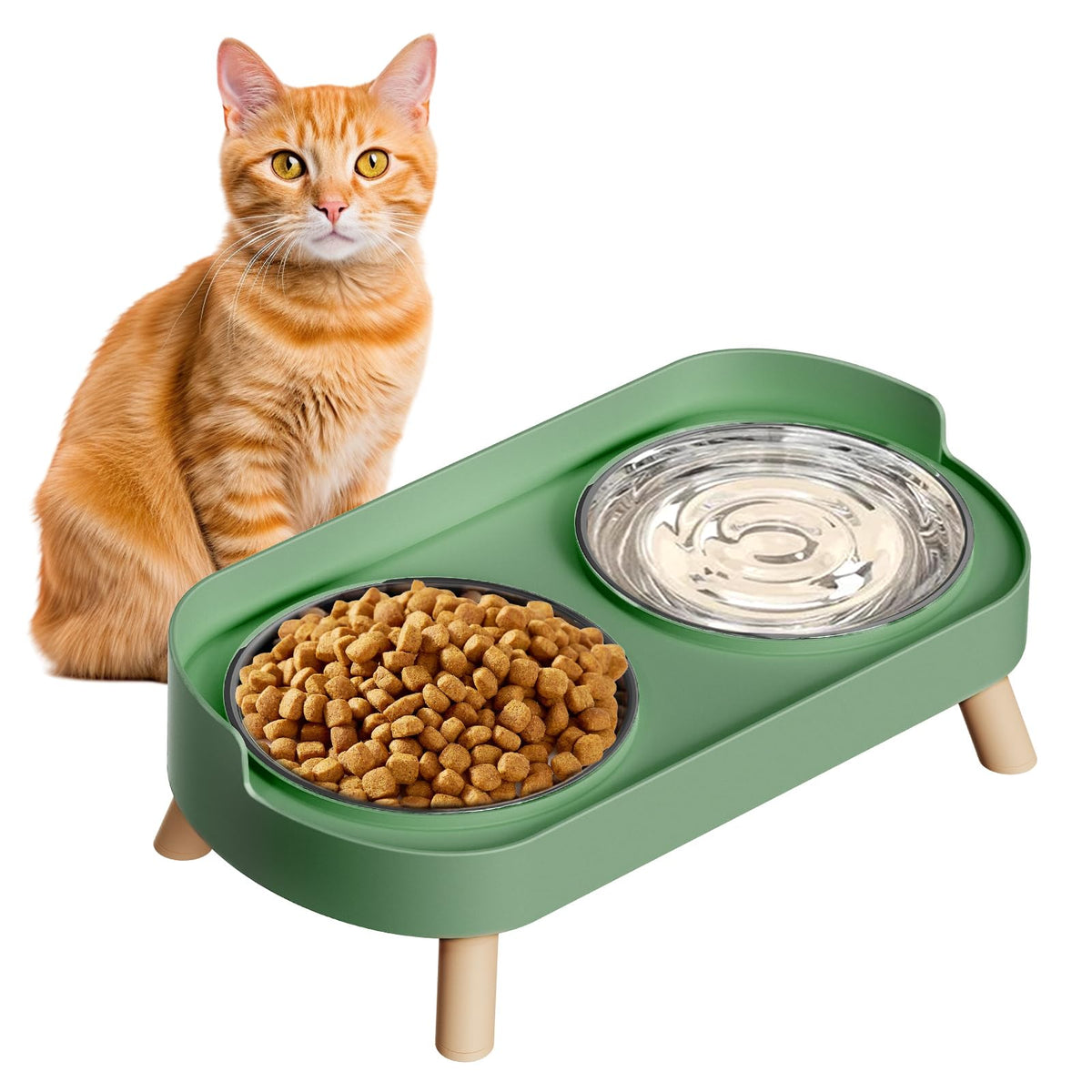 Elevated Cat Bowl, Raised Cat Food and Water Bowl Set for Indoor Cats, Splash Proof with 2 Stainless Steel Pet Food Bowls for Cats and Puppies, Whisker Fatigue and Dishwasher Safe - White