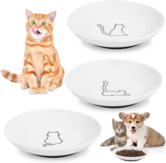 3 Pcs Ceramic Cat Food Bowls, Cute Cat Bowls, 5.9 Inch Cat Plates Set for Wet and Dry Food Water, White Flat Cat Dish with Non-Slip Base for Cats and Puppies (3 Kitten Patterns)