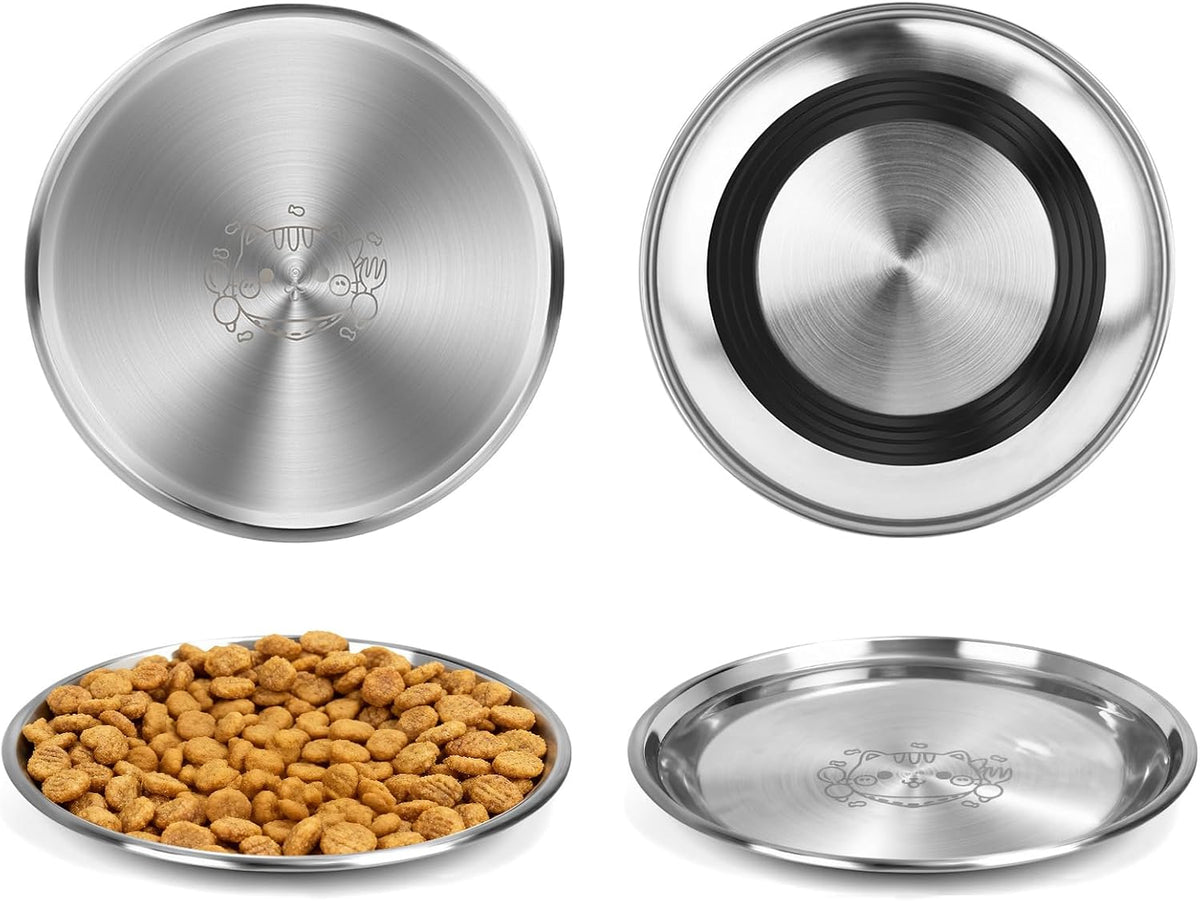 4 Pack Stainless Steel Plates Cat Bowls, 6.7" 13oz Shallow Cat Wet Food Bowl, Whisker Friendly Cat Plates with Non-Slip Bottom, Cute Wide Flat Bowl Cat Kitten Small Dog Metal Dishes for Indoor Feeding