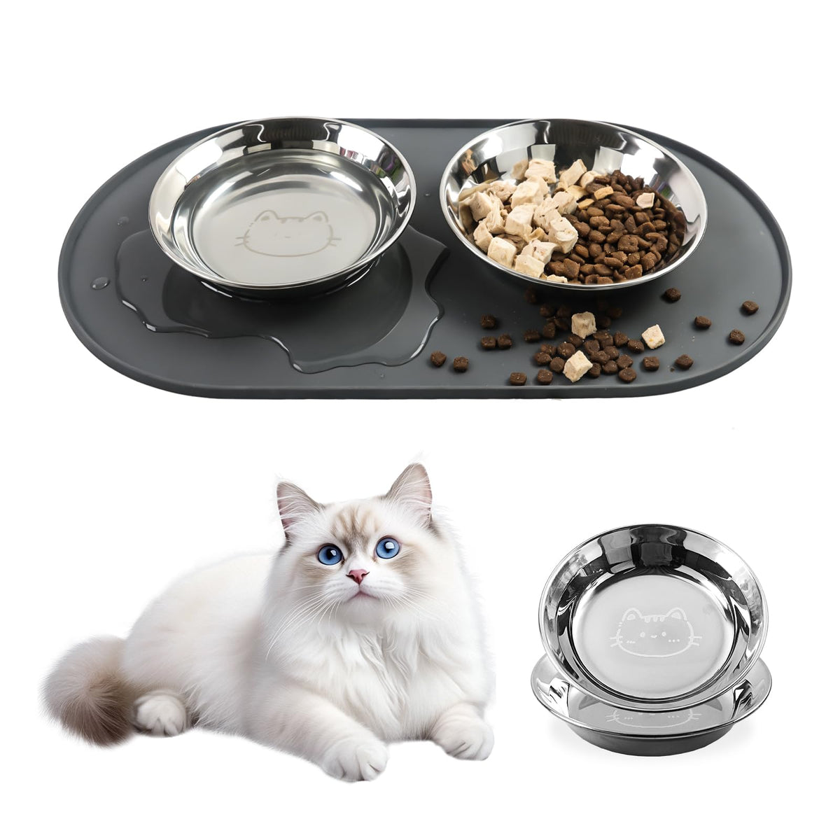 8Pcs Stainless Steel Cat Bowls, Cat Food Bowl with Non-Slip Silicone Bottom
