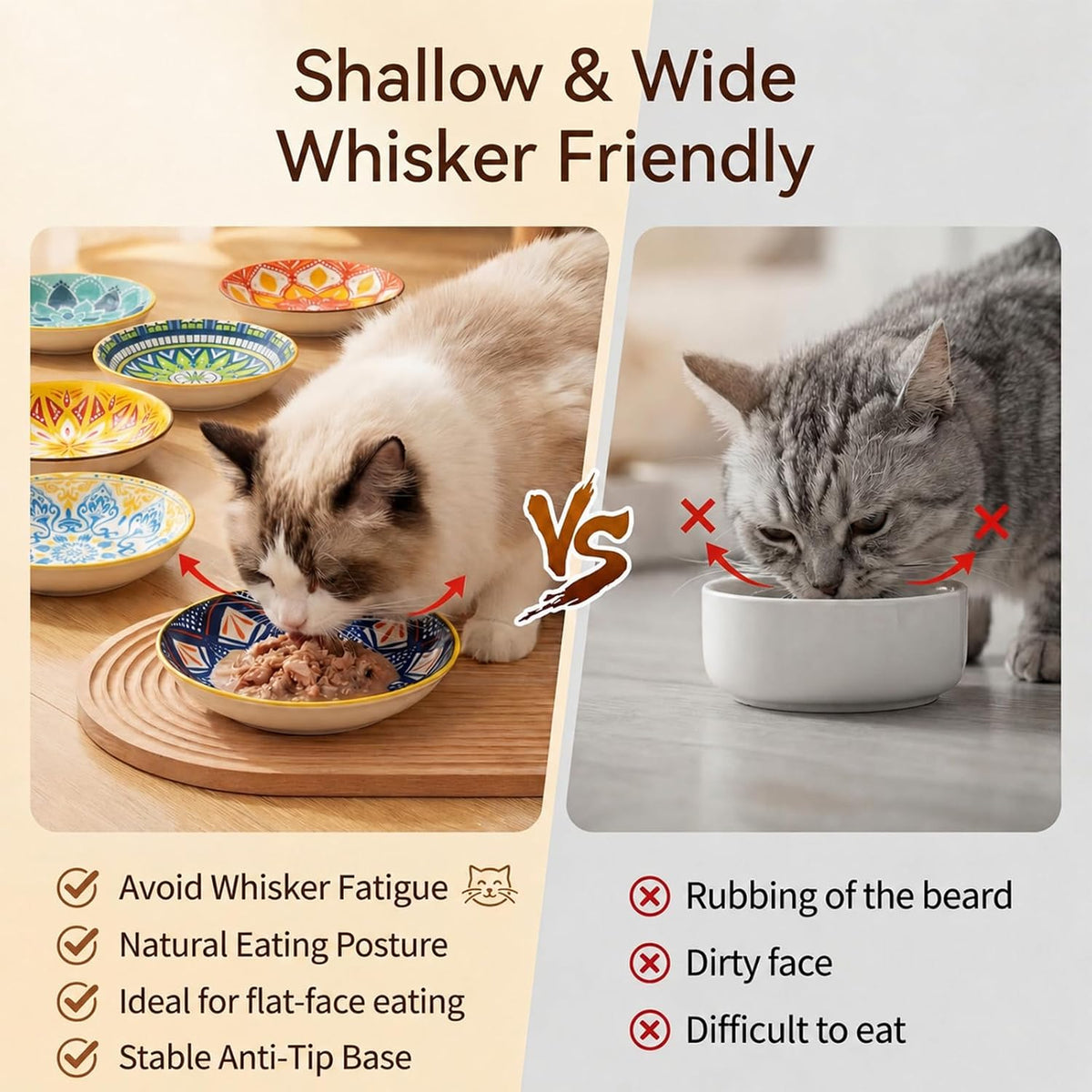 Ceramic Cat Food Bowls 6 Pack – Shallow Cat Bowl with Non-Slip Silicone Base, Whisker-Fatigue Dishes for Indoor Cats Puppy – Microwave Dishwasher Safe – 5.3 oz Cute Pet Plates for Wet Dry Food Water
