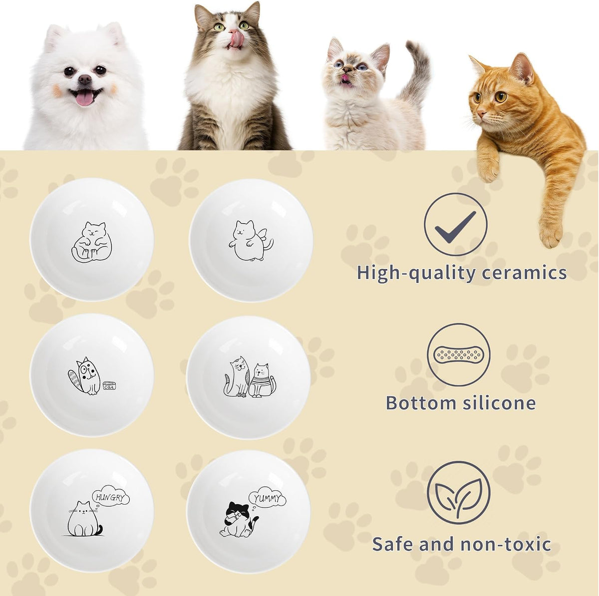 Non-Slip Cat Food Bowls, 6 Pack Whisker-Friendly Ceramic Bowls