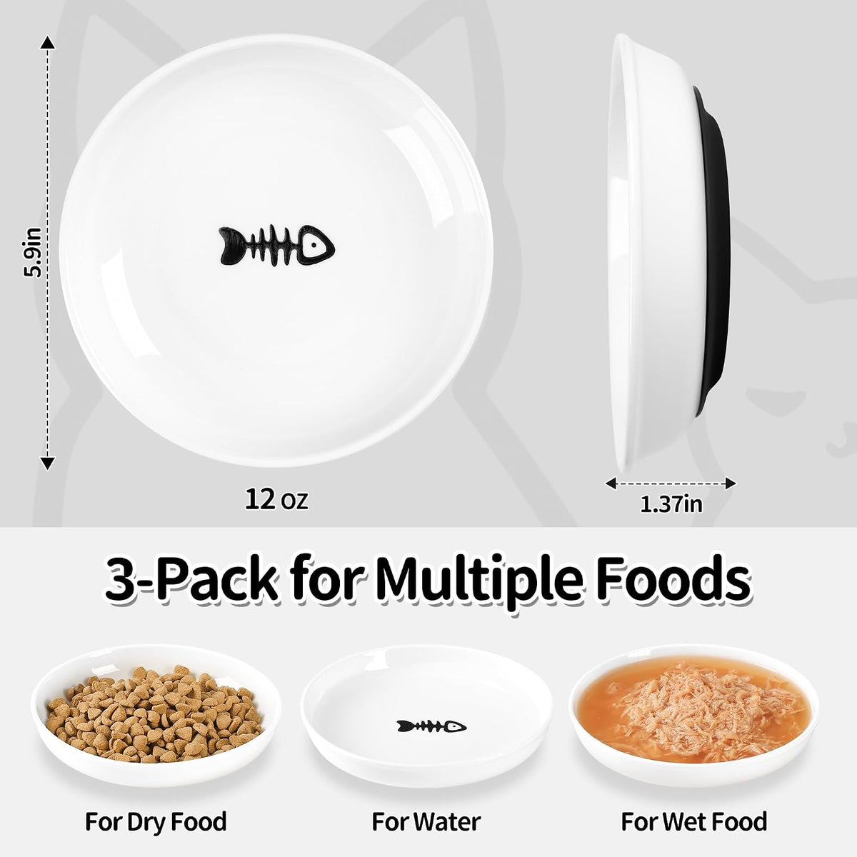 Cat Food Bowls, Whisker Friendly Ceramic Cats Bowls with Nonslip Silicone Base, Pack of 3 Quiet Dishes and Plates for Feeding Indoor Cats, Kittens and Small Dogs(Fishbone,Deeper)