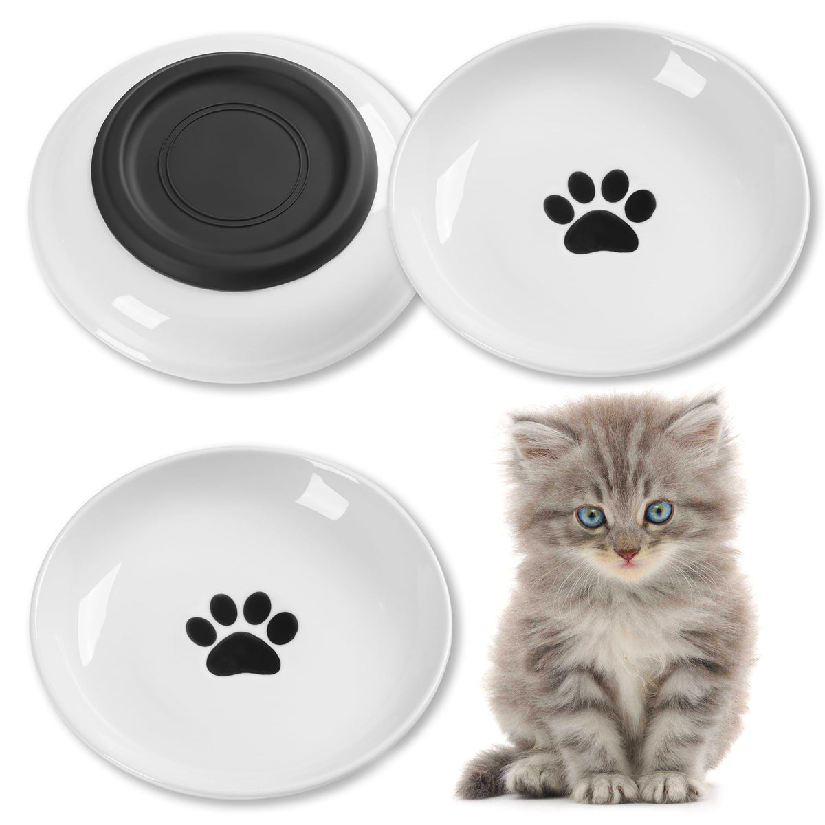 Cat Food Bowls, Whisker Friendly Ceramic Cats Bowls with Nonslip Silicone Base, Pack of 3 Quiet Dishes and Plates for Feeding Indoor Cats, Kittens and Small Dogs(Fishbone,Deeper)