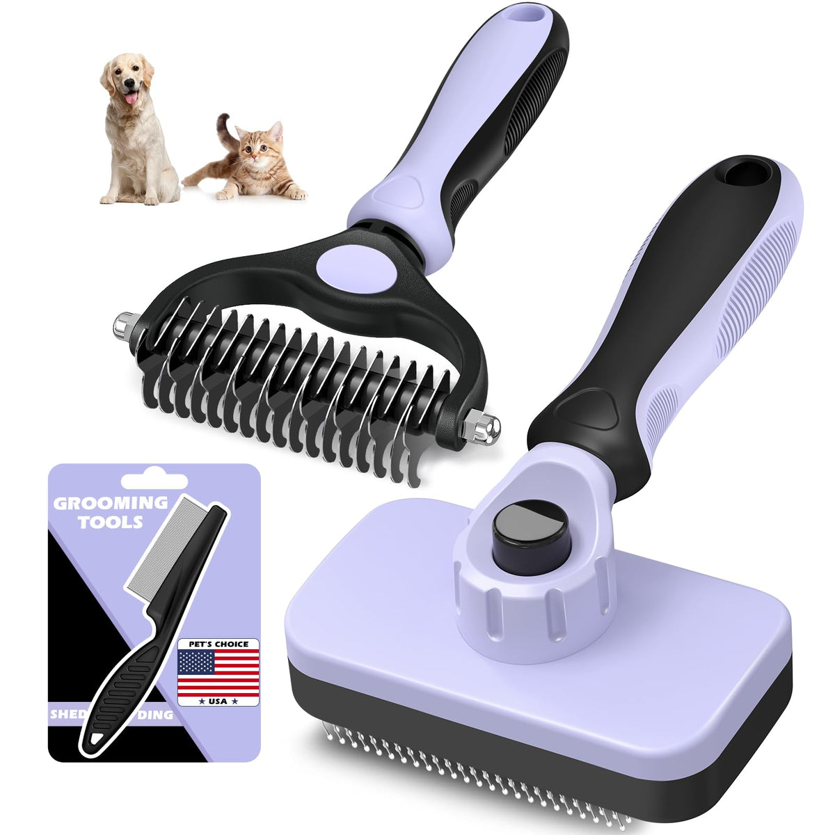 Professional 3PCS Self Cleaning Slicker Brush & Pet Grooming Rake & Flea Comb for Dogs,Cats and Horses | Double-Sided Dematting Comb & Skin Friendly Deshedding Grooming Tool (Light Purple)