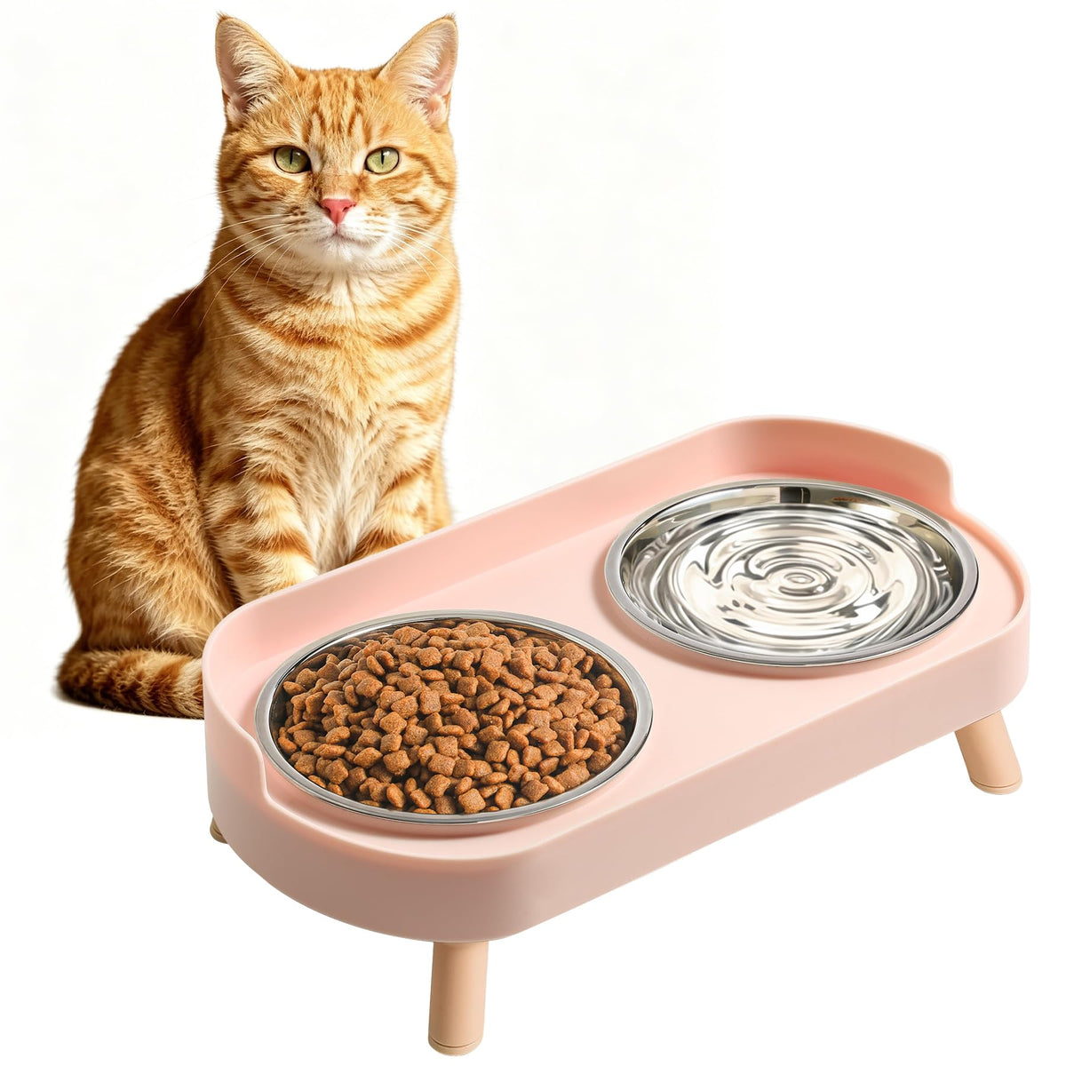LoeJan Elevated Cat Bowls Set - Raised Cat Food and Water Bowl Set with Non Slip Stand - Pet Feeding Station with 2 Stainless Steel Bowls with Splash Proof Guard