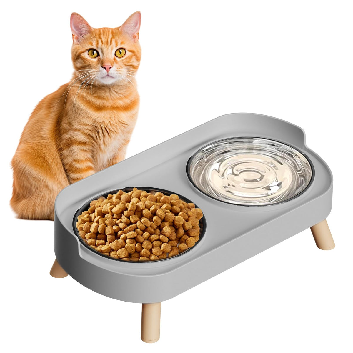 Elevated Cat Bowl, Raised Cat Food and Water Bowl Set for Indoor Cats, Splash Proof with 2 Stainless Steel Pet Food Bowls for Cats and Puppies, Whisker Fatigue and Dishwasher Safe - White