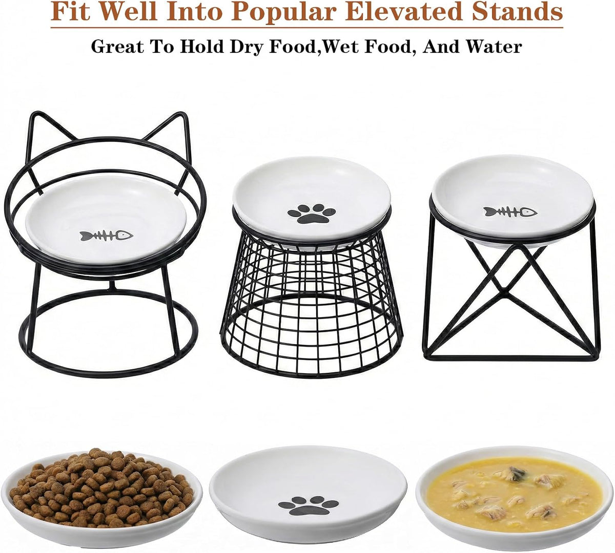 Kenaoeoe Cat Food Bowl 6 Pack Ceramic Cat Bowls with Non-Slip Base Anti Whisker Fatigue Shallow Cats Plates for Food and Water, Fishbone and Paw Print Design