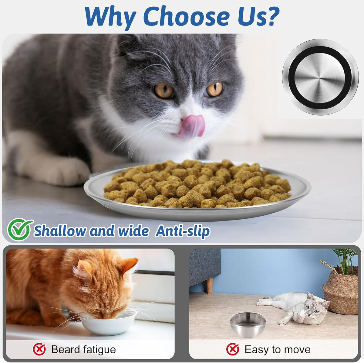 Stainless Steel Cat Bowls, 4 Pcs Shallow Cat Bowl Whisker Fatigue Dishes with Non-Slip Bottom, 6.7" Cats Food and Water Bowl Set for Wet & Dry Food(13OZ)