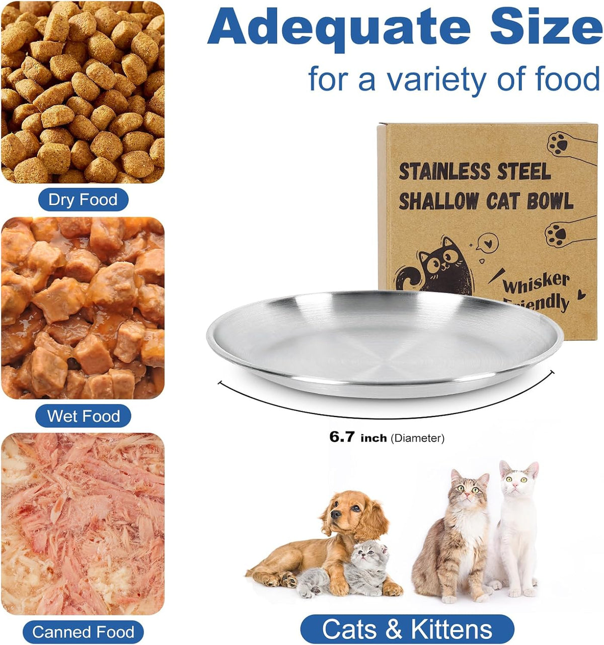 Supet Cat Plates Whisker Friendly, Non Slip Dish for Wet Food, Shallow Wide Flat Bowls Stainless Steel Metal for Indoor Cats, Kitten, Small Dog (13Oz, 2Pcs)