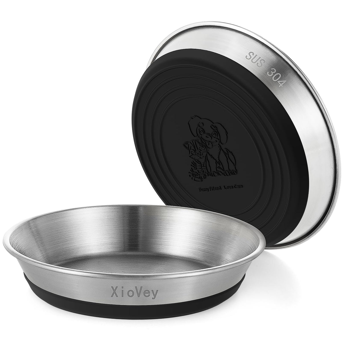 2 Pack Grey 304 Stainless Steel Shallow Whisker Fatigue Cat Bowls