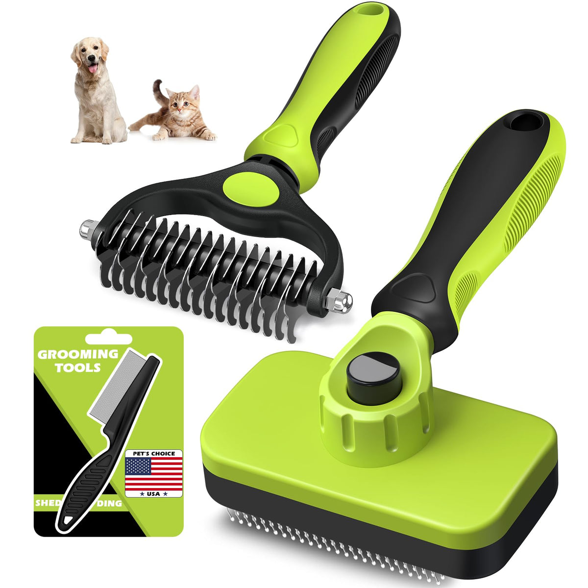 Professional 3PCS Self Cleaning Slicker Brush & Pet Grooming Rake & Flea Comb for Dogs,Cats and Horses | Double-Sided Dematting Comb & Skin Friendly Deshedding Grooming Tool (Red)