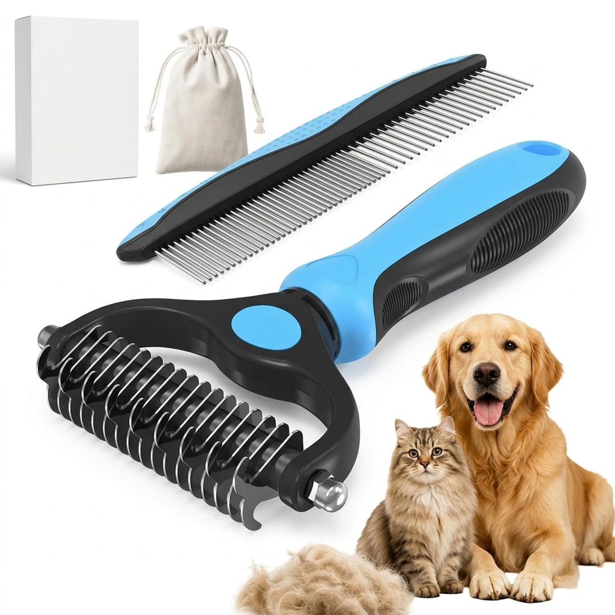 2PCS Pet Grooming Tool Set for Dogs & Cats, Dematting Rake & Metal Comb