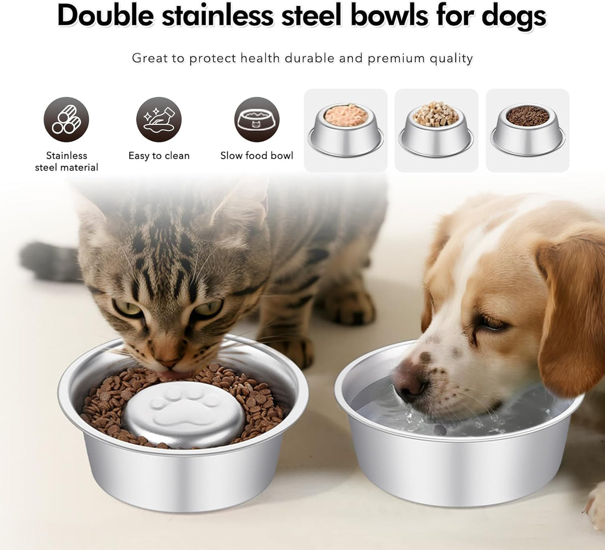 Premium Stainless Steel Pet Bowls with Cute Paw Design, Non-Slip Dog & Cat Food Water Bowls, Durable & Easy-to-Clean Feeding Dishes for Small/Medium Pets, Set of 2 pet-Bowls, Raised-pet-Bowls