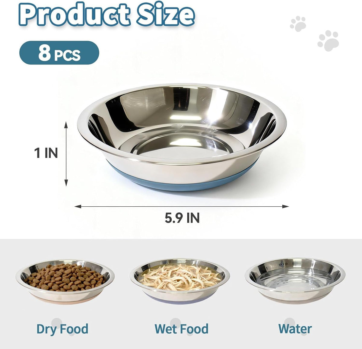 [8 Pack] Stainless Steel Cat Bowls, Cat Dishes Whisker Friendly with Non-Slip Silicone Bottom, Easy to Clean, 5.5" Shallow Wide Cat Food and Water Feeding Bowl for Indoor Outdoor Cats