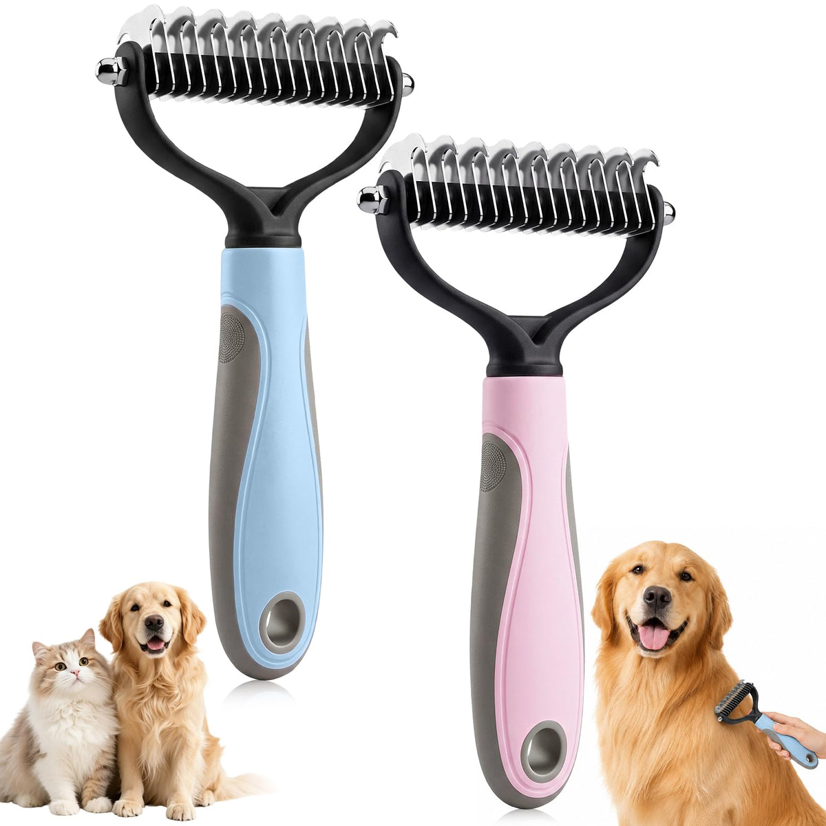 Pet Knotter for Dogs/Cats, Double Sided Pet Grooming Brush,Undercoat Rake Pets Brush for Long Hair Professional Deshedding Tool, Pets Hair Remover Shedding (Pink-L)