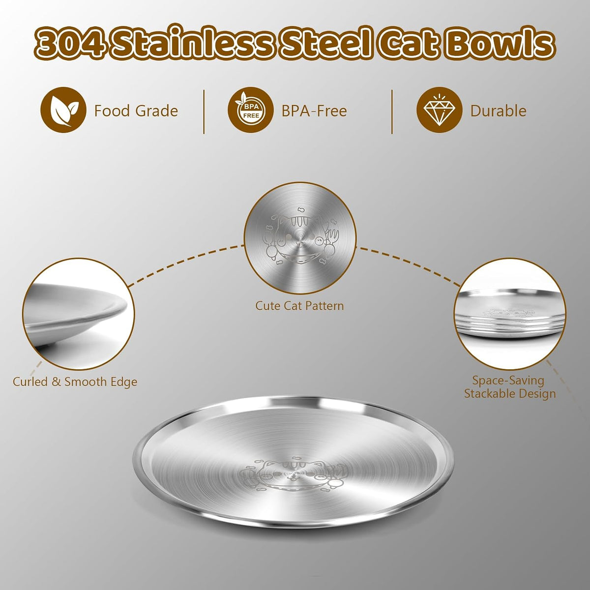 4 Pack Stainless Steel Plates Cat Bowls, 6.7" 13oz Shallow Cat Wet Food Bowl, Whisker Friendly Cat Plates with Non-Slip Bottom, Cute Wide Flat Bowl Cat Kitten Small Dog Metal Dishes for Indoor Feeding