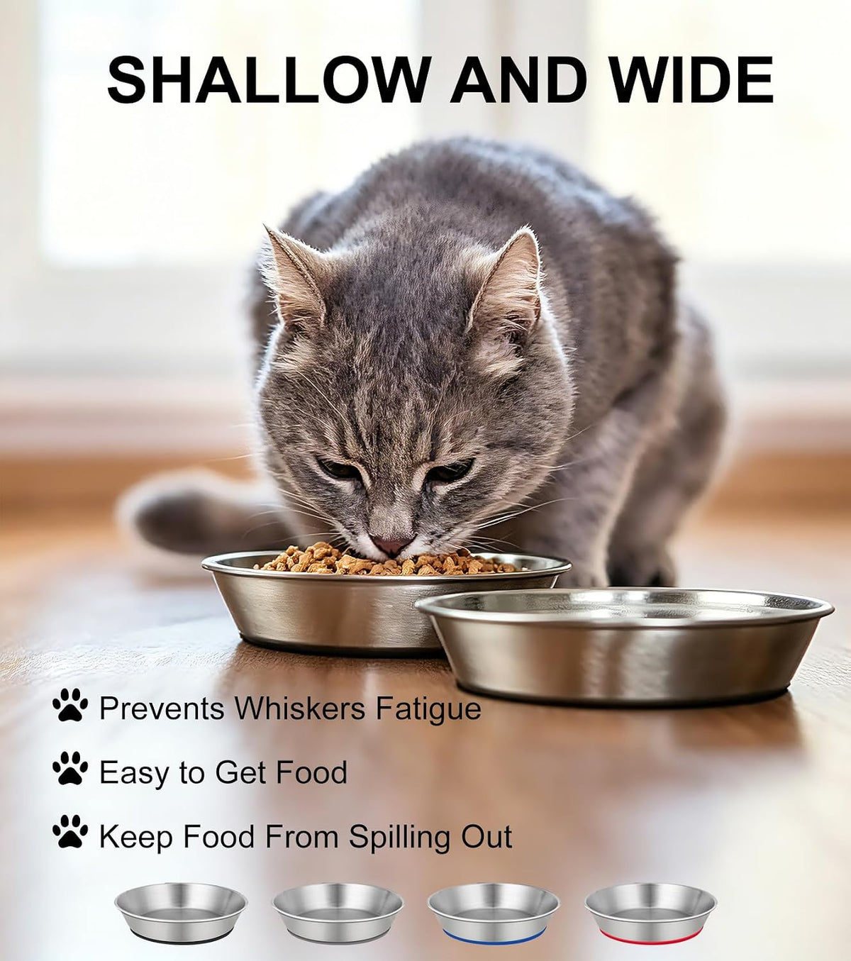 2 Pack 304 Stainless Steel 6" Shallow Wide Cat Bowls for Food and Water
