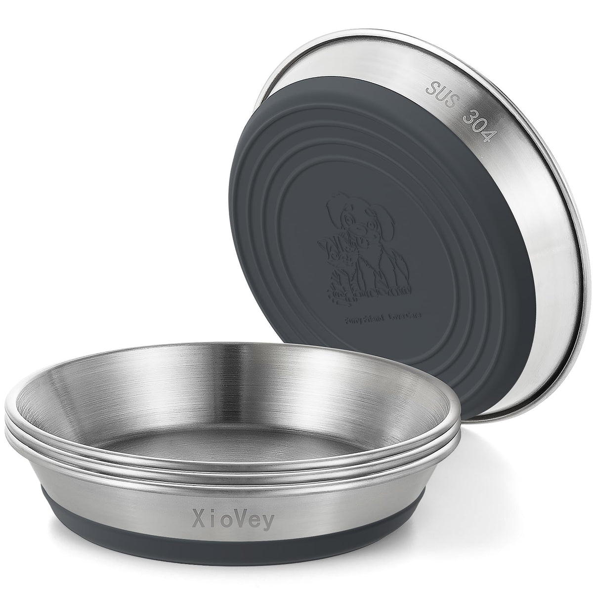 2 Pack Grey 304 Stainless Steel Shallow Whisker Fatigue Cat Bowls