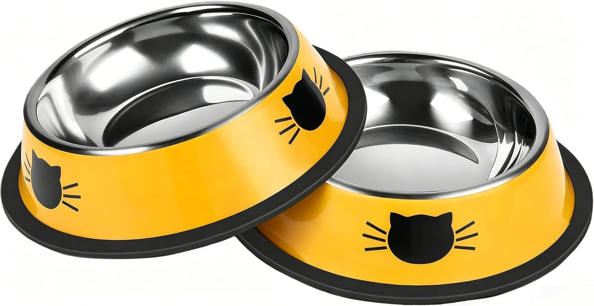 Serentive 2 Pcs Non-Slip Stainless Steel Small Cat Food Bowls - Unbreakable, Thicken 7 Oz Cat Dishes - Indoor, Removable Rubber Base, Easily Clean, Lovely Color
